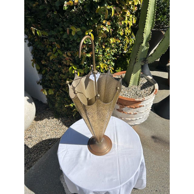 Vintage Embossed Brass Umbrella Stand With Hook Handle For Sale - Image 13 of 16