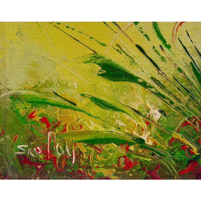 Late 20th century oil on canvas painting of bright red wildflowers. Illegibly signed lower left. Unframed.