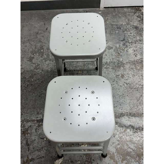 Vintage Industrial Gray Metal Bar Stools Lyon Workspace Model 1901, Pair For Sale - Image 4 of 12