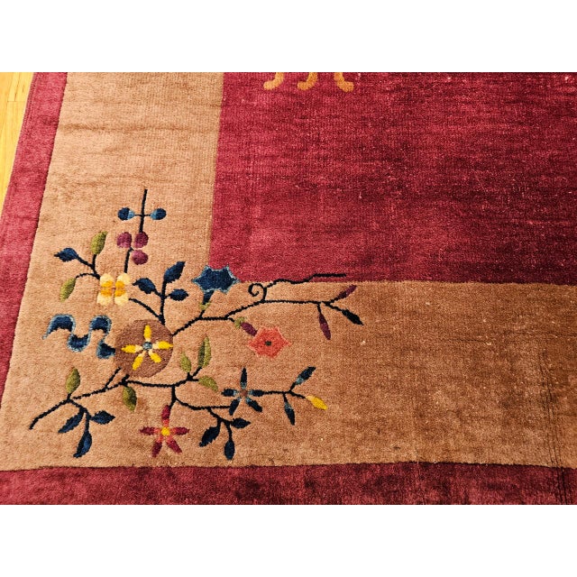 Vintage Chinese Art Deco Hand-Knotted Rug, Floral Motif, Wool, 1900s, 9' x 12' For Sale - Image 4 of 18