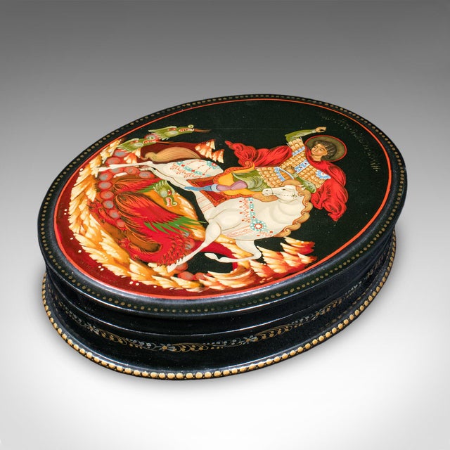 1930s Vintage Oval Keepsake Box, Russian, Lacquered Trinket Case, St George, Art Deco For Sale - Image 5 of 10