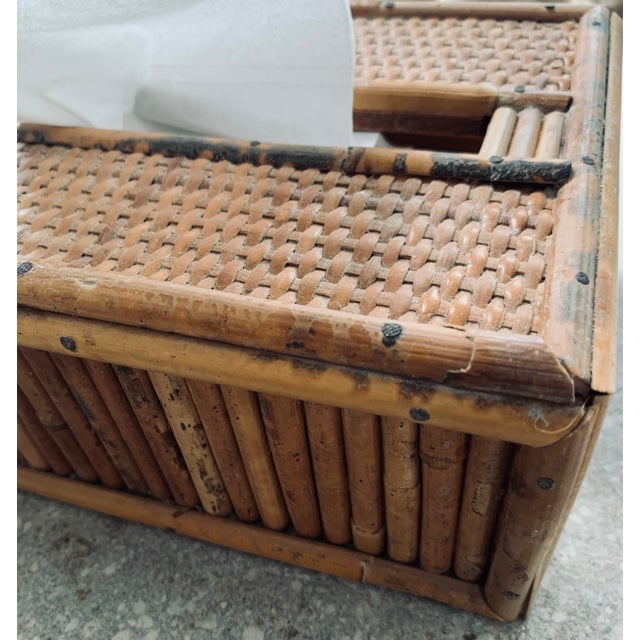Vintage 1970’s 'Scorched Tortoise' Bamboo, Rattan. Wicker Tissue Box Cover in the Crespi Style For Sale - Image 9 of 12