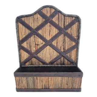 Vintage 1970's Wood Rattan & Leather Wall Organizer Mail Pocket Letter Holder For Sale