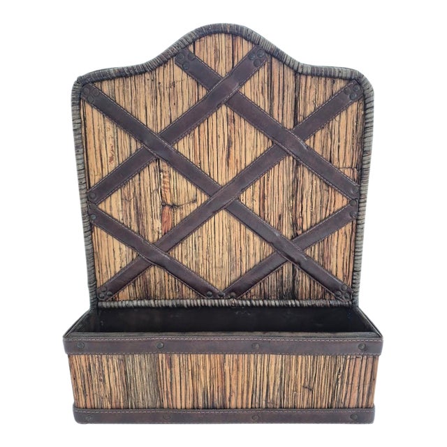 Vintage 1970's Wood Rattan & Leather Wall Organizer Mail Pocket Letter Holder For Sale