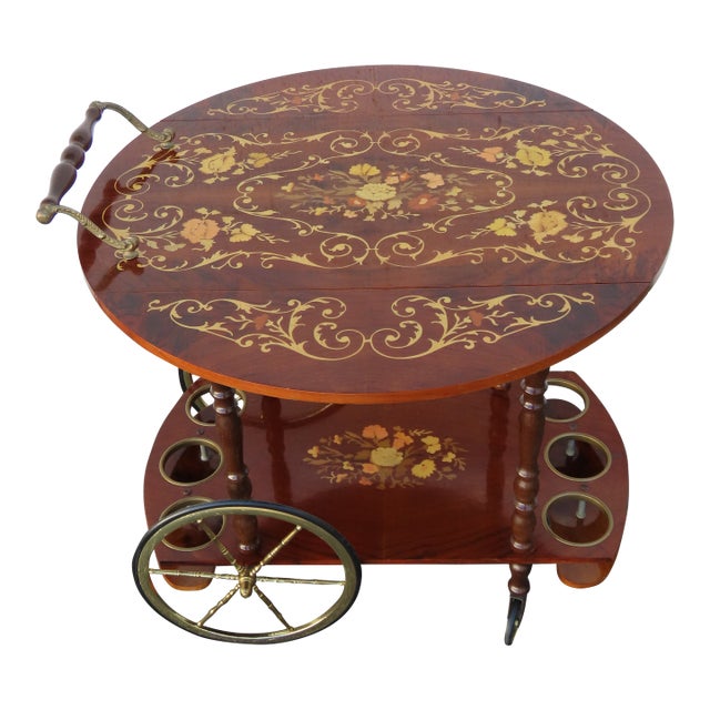 French Inlay Drop Leaf Bar Server Tea Coffee Cart 6339 For Sale