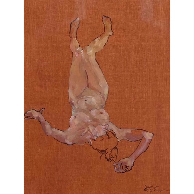 Untitled by Rebecca Venn | Oil on canvas paper Nude figure lying on a brown background. For Sale