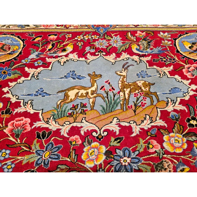 Vintage Persian Tabriz Pictorial Rug, Hand-Knotted Wool & Silk, Forest Scene, Red & Blue, 2x3 For Sale - Image 12 of 15
