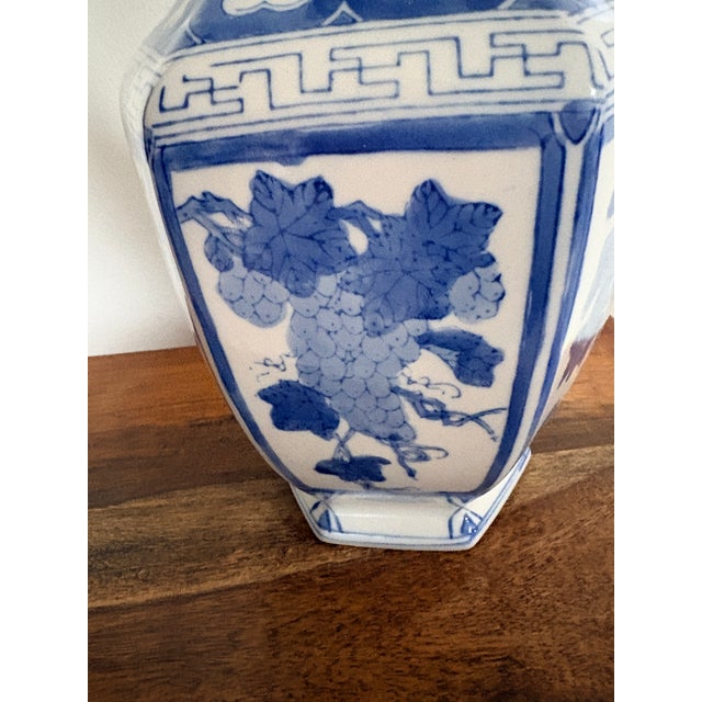 Ceramic Vintage 15″ Blue & White Ceramic Vase, Hexagonal Shape, Hand‑Painted Floral Design For Sale - Image 7 of 9