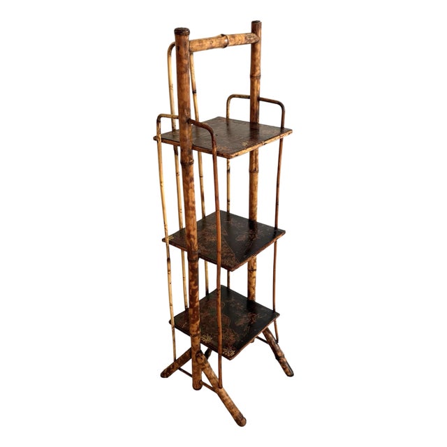 Antique Rattan Lacquered Tall Etagere For Sale