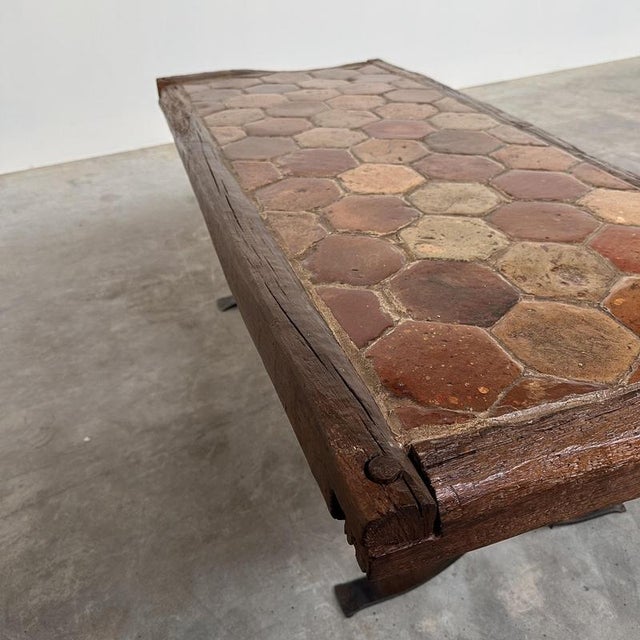 Wood Vintage French Terracotta Tile Coffee Table with Oak and Iron Base, France For Sale - Image 7 of 12