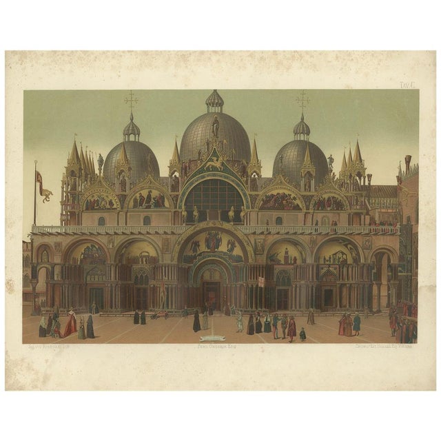 A large chromolithograph of the main facade of the Basilica of San Marco in Venice, Italy, from Ferdinando Ongania's...