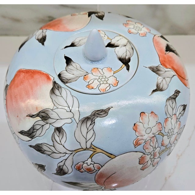 Late 20th Century Vintage 9" Chinoiserie Powder Blue Porcelain Melon Ginger Jar - Hand-Painted Longevity Peach & Blossom Motif For Sale - Image 5 of 11