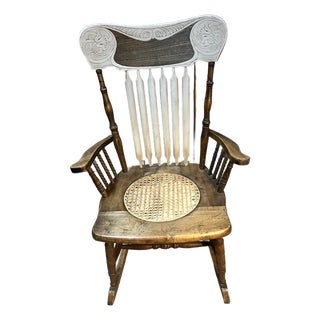 Antique Victorian Carved Crest Rocking Chair With Cane Seat – Late 19th / Early 20th Century For Sale