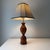 Vintage turned baluster wood table lamp paired with custom square flared striped linen bell shade.
