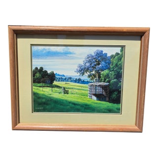 Original Realist Landscape Print, Hawaiian Pastoral Farm Scene With Jacaranda Tree, Wood Framed, Curtis Wilson Cost 1985 For Sale