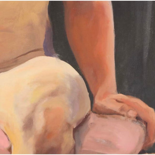 Original oil on canvas by Larry Griggs (American, b. 1951), depicting a seated male nude against a deep, dark background....