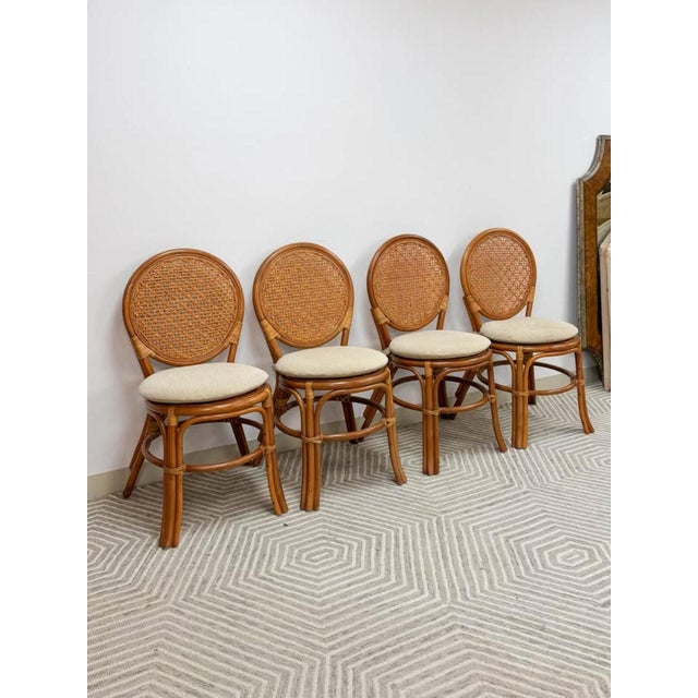 Hollywood Regency Late 20th Century Cane Rattan Round Dining Chair Set Four Cushion Coastal Hollywood Regency For Sale - Image 3 of 10