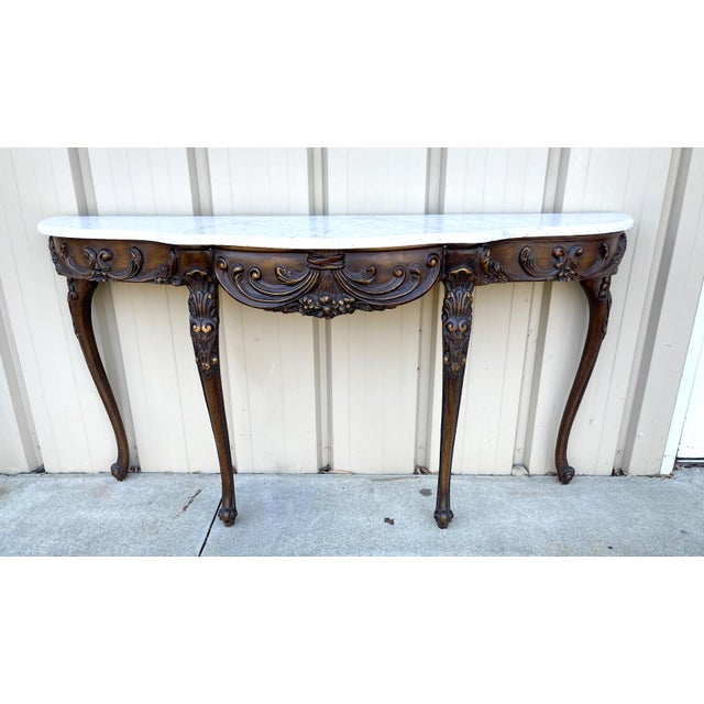 Late 20th Century Italian French Louis XV Style Carved Mahogany & Marble Top Demilune Console Tables - Pair For Sale - Image 5 of 8