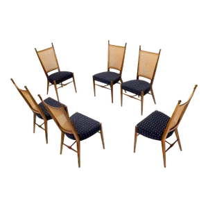 Set of 6 Mid-Century Modern Sculpted Walnut Frames Cane Back Dining Chairs