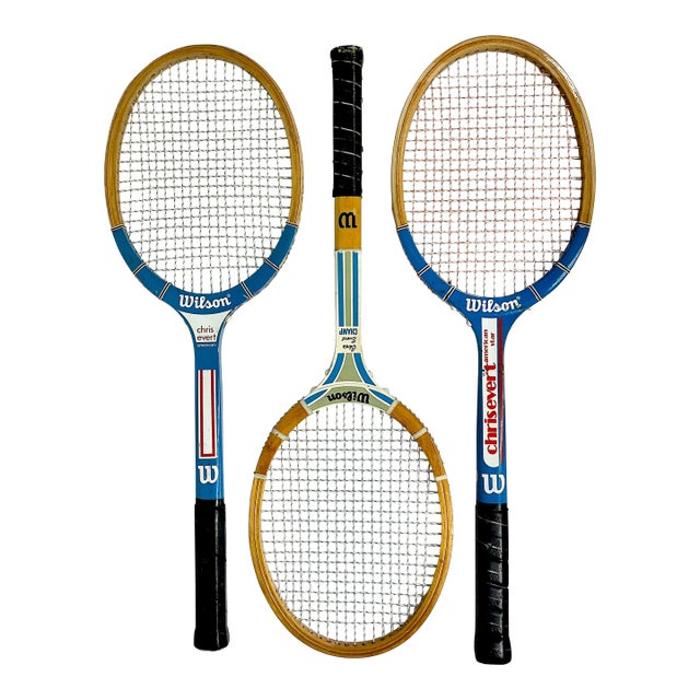 Vintage Americana Boho Chic Chris Evert Wood Wilson Tennis Rackets Decorative Objects - Set of 3 For Sale