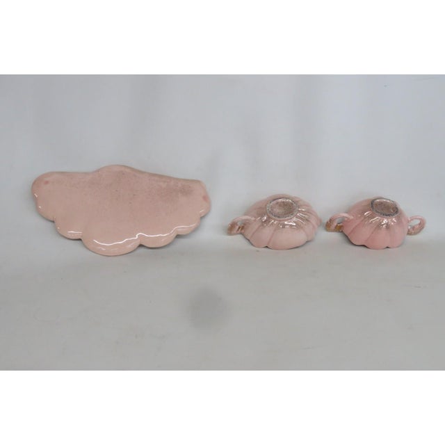Mid 20th Century Pink Ceramic 3pc Set Tray Sugar Creamer With Gold Sea Horse Handle Design For Sale - Image 11 of 13