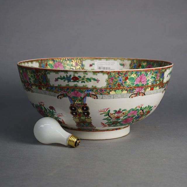 Ceramic Early 20th Century Antique Large Chinese Rose Medallion Porcelain Wash Bowl with Garden Scene For Sale - Image 7 of 9