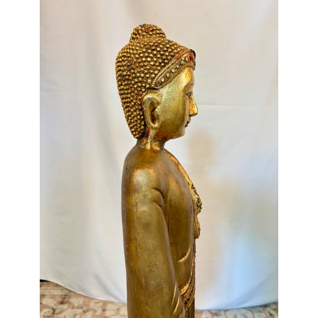 Gold Early 20th Century Burmese Mandalay Standing Gilt Wood Buddha Sculpture For Sale - Image 8 of 11