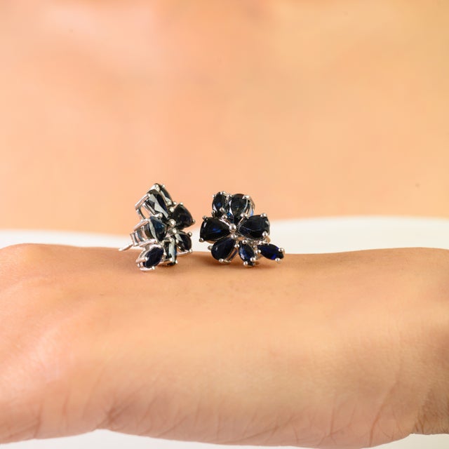 Modernist Solid Silver Blue Sapphire Floral Cluster Stud Earrings- A Pair For Sale - Image 4 of 11