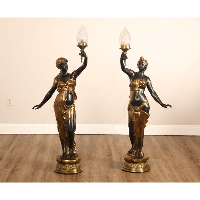 High Quality Pair Of Neoclassical Style Figural Torchere Floor Lamps Featuring Classical Female Figures Holding Flame Form...