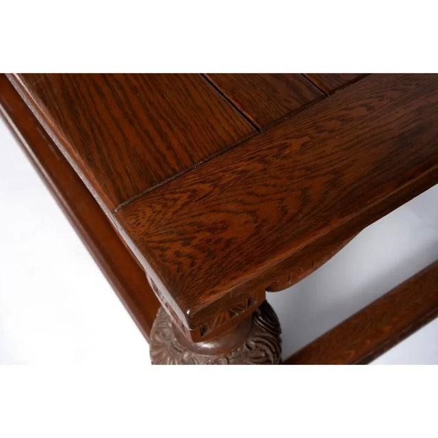 Spanish Revival Antique English Jacobean Refectory or Library Table - Monumental 9 Foot - Elegantly Carved Oak - Circa 1910 For Sale - Image 3 of 7