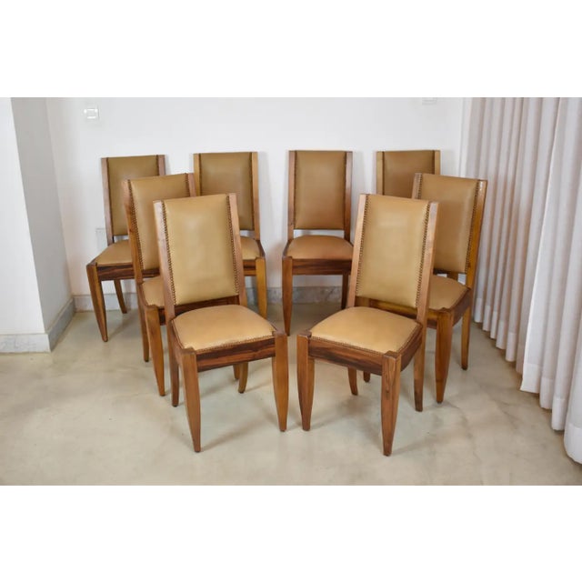 Mid-Century Modern Extendable Dining Table and Set of 8 Walnut & Leather Chairs by André Sornay, France, 1930s For Sale - Image 3 of 17