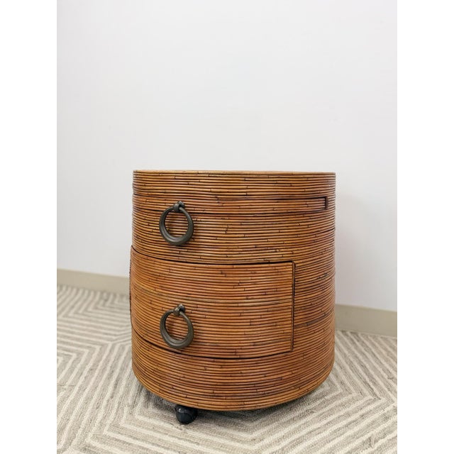 Gabriella Crespi Late 20th Century Pencil Reed Ribbed Round Rolling Side Table Drawer Gabriella Crespi Style For Sale - Image 4 of 9
