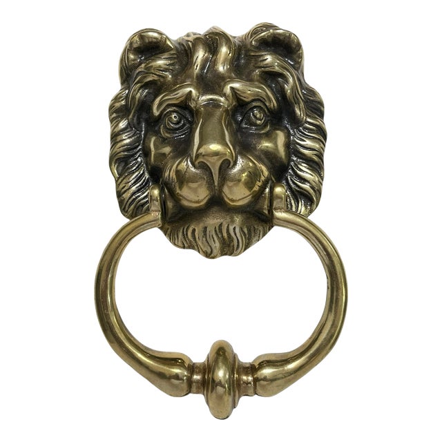 Antique English Brass Lion Head Door Knocker For Sale