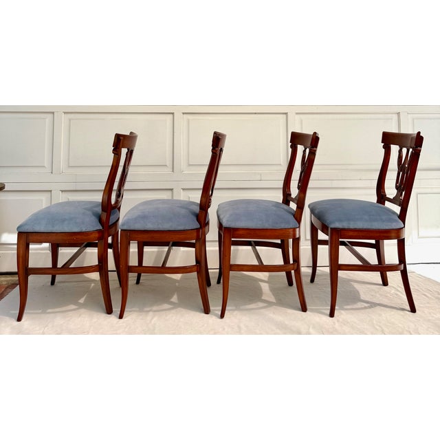 Set of 6 Neoclassical Dining Chairs With Carved Swag Backs, Blue Velvet Upholstery For Sale - Image 17 of 18