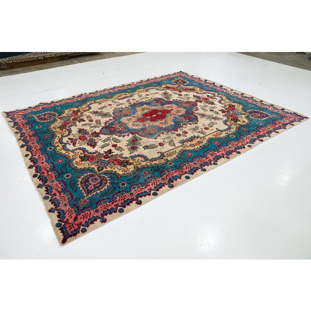 Persian Vintage Hand-Knotted Blue Wool Rug Persian Tabriz With Medallion Design For Sale - Image 3 of 9
