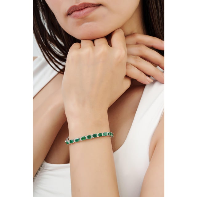 Regal 12 Ct Emerald & Diamond Line Tennis Bracelet in 925 Sterling Silver, 7 Inch For Sale - Image 6 of 14