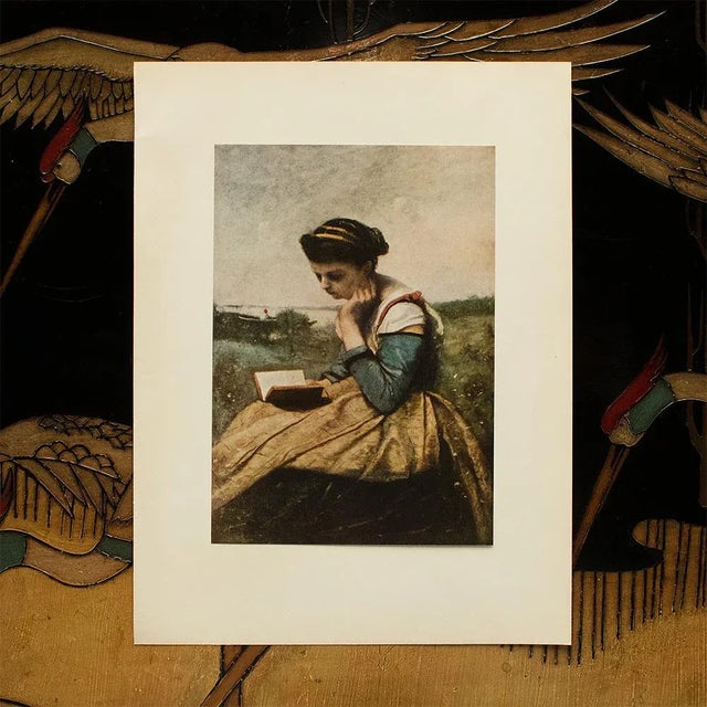 Portraiture 1955 After Jean Baptiste Camille Corot "Woman Reading", Vintage Full-Color Print For Sale - Image 3 of 8