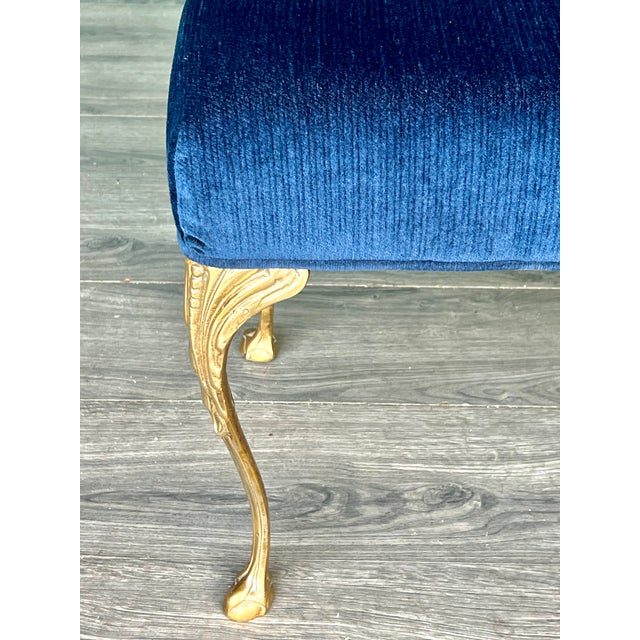 Vintage Brass and Navy Blue Chenille Bench For Sale - Image 9 of 9