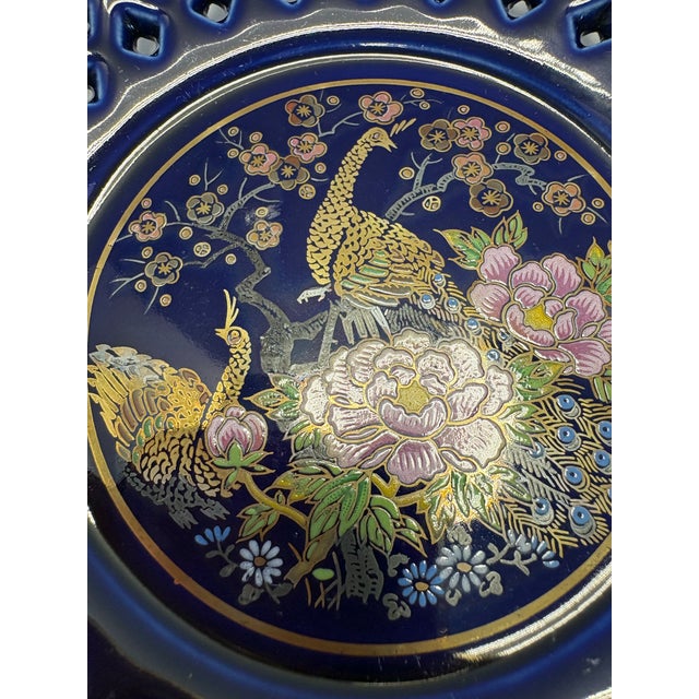 Vintage Cobalt Blue Openwork Lattice Plates Chinoiserie Asian Style With Peacock Floral Motif – Set of 2 For Sale In Indianapolis - Image 6 of 7