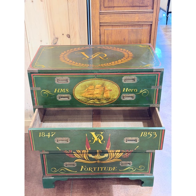 Green Antique Victorian Naval Campaign Secretary Chest With Hand Painted Maritime Motifs For Sale - Image 8 of 12