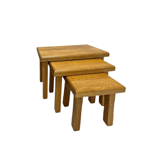 Tan Vintage Brutalist Oak Nesting Tables, 1970s, Set of 3 For Sale - Image 8 of 8