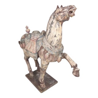 Large 43" Length Antique or Vintage Tang Style Chinese Horse Hand Carved Wood Statue Sculpture For Sale