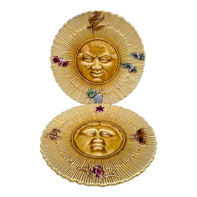 French Majolica Sun & Moon Plates Circa 1890-a Pair For Sale