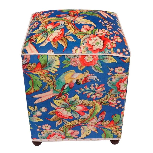 Shabby Chic Edwarain Bird Print Velvet Handmade Ottoman For Sale - Image 4 of 10
