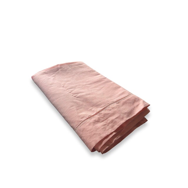 Antique French Linen Sheet Blush Coral Pink Trousseau Textile Ladderwork Detail Hand Pulled Stitch 1920s Romantic Bedding Fabric For Sale - Image 11 of 11