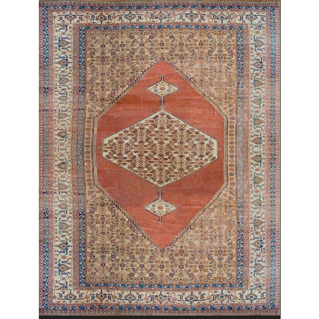 1880s Ivory Salmon Diamond Antique Persian Bakshaiesh Rug 15' X 18' Knotted Pile Wool Carpet For Sale - Image 9 of 12