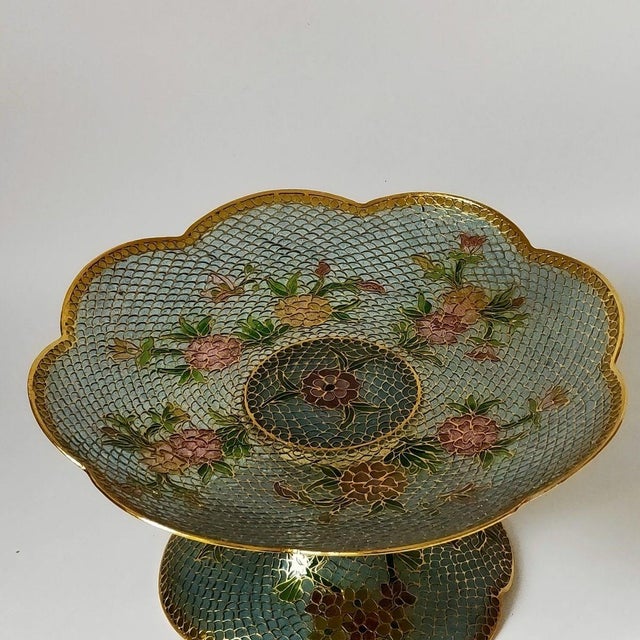 This is an exquisite vintage cloisonné enamel fruit stand or compote, a rare and highly collectible piece attributed to a...