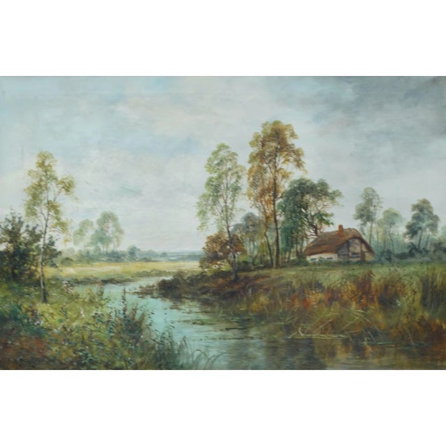 Hammer prices for Sherrin exceed $10,000. Stream in a landscape sunset antique oil painting by listed English artist...