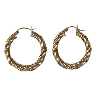 14k White and Yellow Gold Twisted Rope Hoop Earrings a Pair For Sale