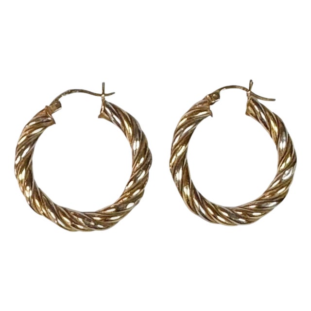 14k White and Yellow Gold Twisted Rope Hoop Earrings a Pair For Sale